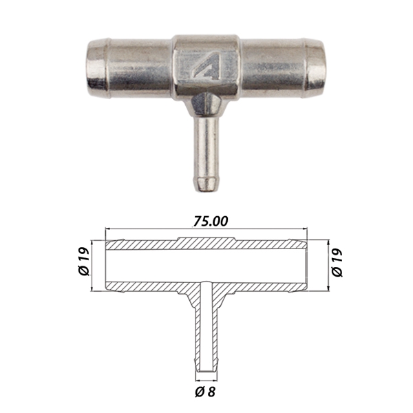Тройник т-образный тосольный Ø19 x Ø8 x Ø19 алюминиевый