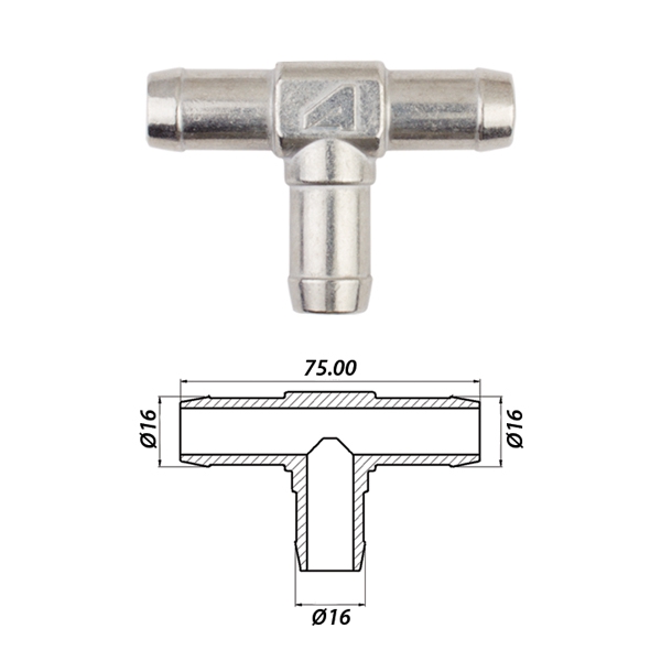 Тройник т-образный тосольный Ø16 x Ø16 x Ø16 алюминиевый