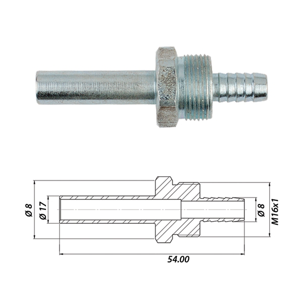 Штуцер для термопластиковой трубки Ø8-M16x1-Ø8